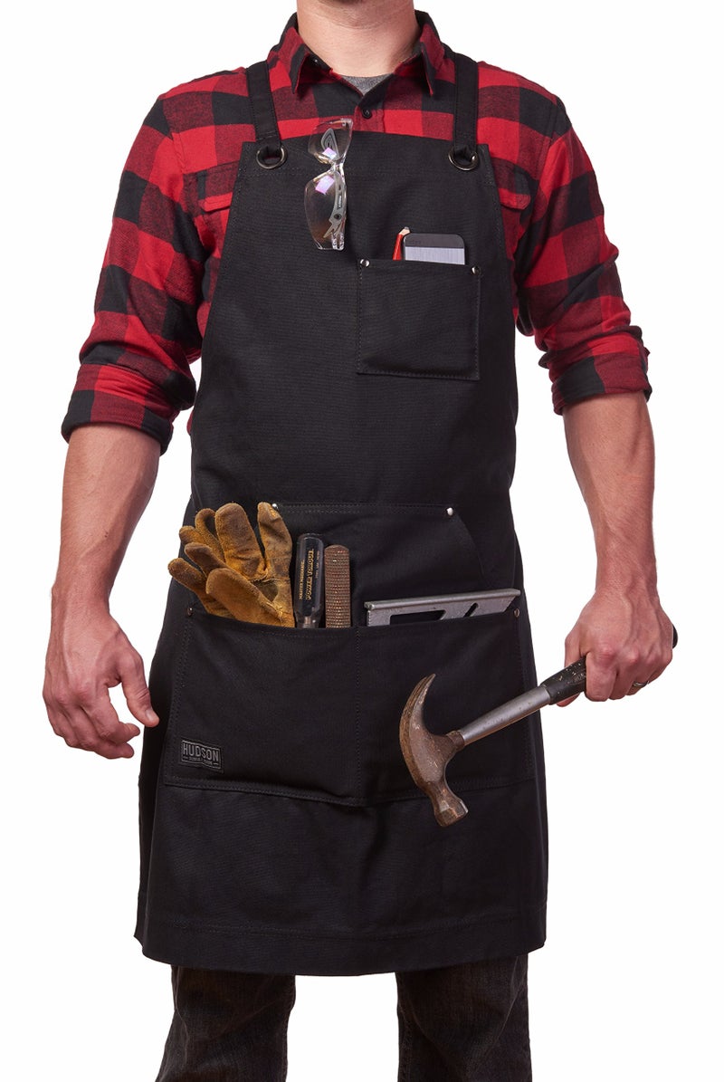 Hudson Durable Goods Deluxe Edition Waxed Canvas Tool Apron for Men and Women, Heavy Duty Work Apron with Front Pockets, Adjustable Padded Straps, Quick Release Buckle, Crossback - One Size, Black - Image 1